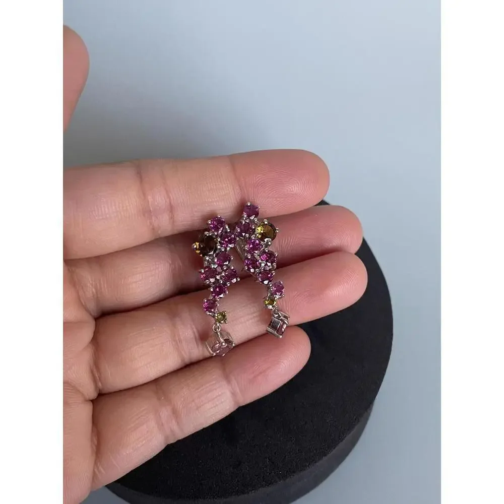 SOLD 925 Sterling Silver Earrings Round Tourmaline Rhodolite Garnet Gemstone - Picture 6 of 8